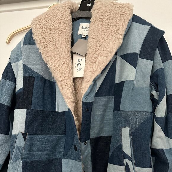 NWT Sea Newyork Diego Patchwork Denim Faux Shearling Coat Size XS - Picture 2 of 13